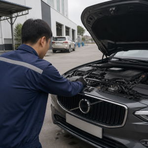 Kỹ thuật viên đang kiểm tra động cơ xe Volvo trong quy trình bảo dưỡng xe ô tô Volvo định kỳ 2026