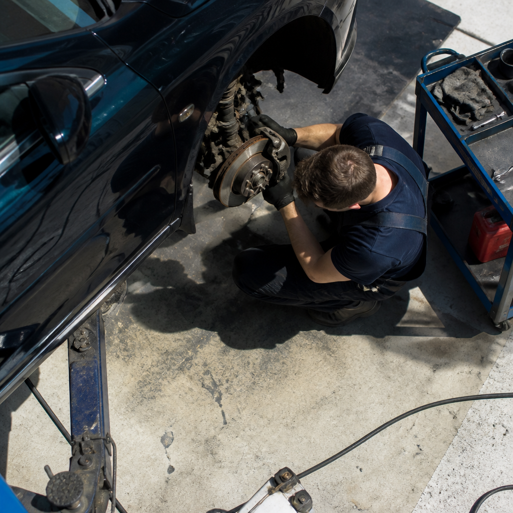 Kỹ thuật viên đang kiểm tra hệ thống phanh của xe Volvo