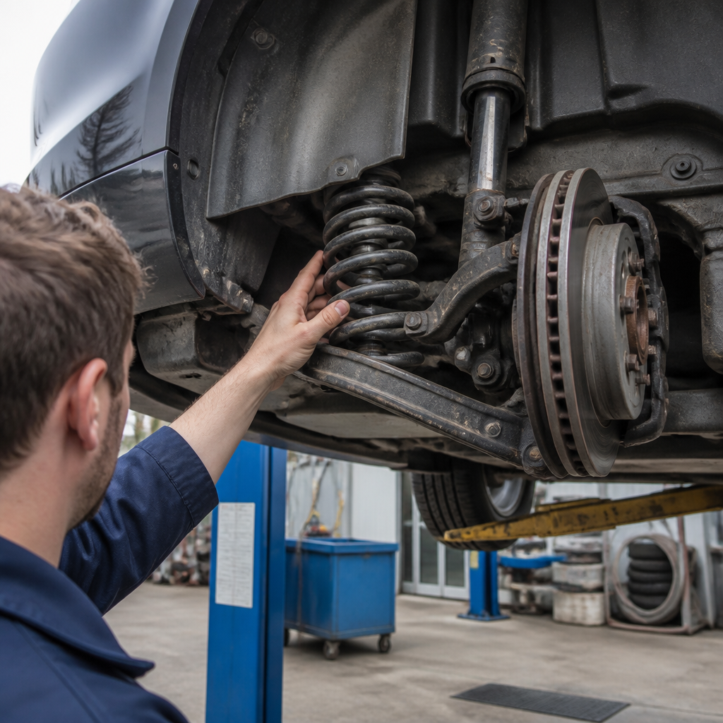 Kỹ thuật viên đang kiểm tra hệ thống treo của xe Volvo