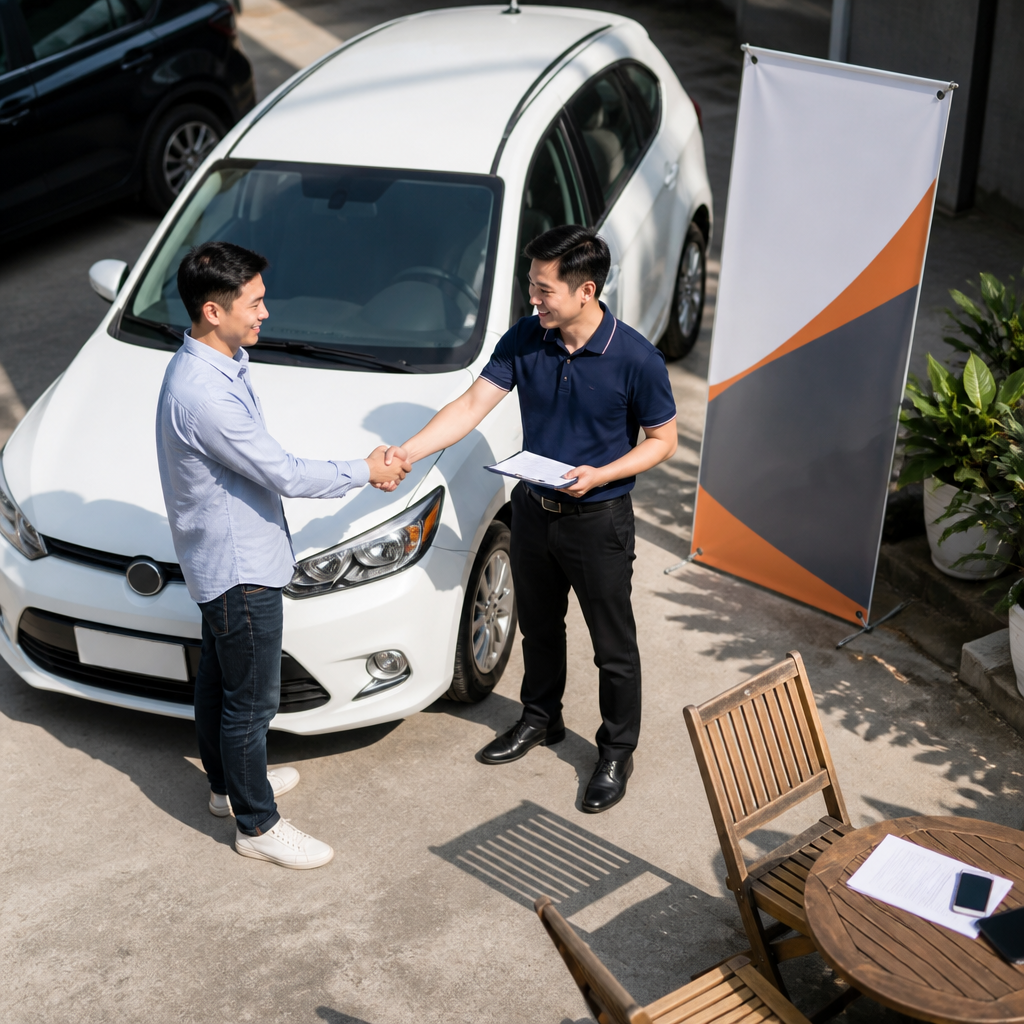 Người bán nhận chìa khóa xe và hợp đồng từ nhân viên dịch vụ ký gửi xe ô tô cũ, thể hiện sự tin tưởng và tiện lợi trong giao dịch.